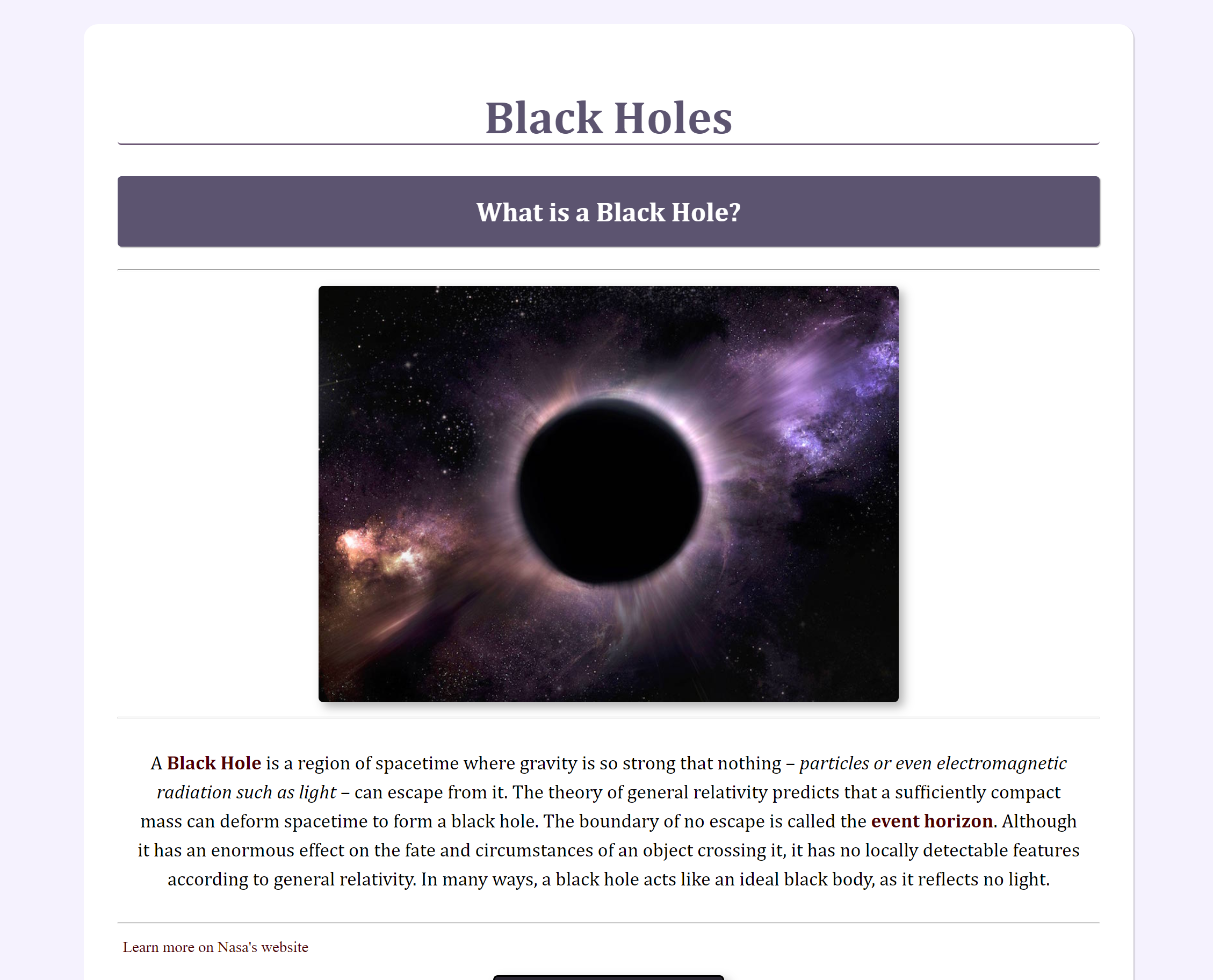 website landing page of blackholes